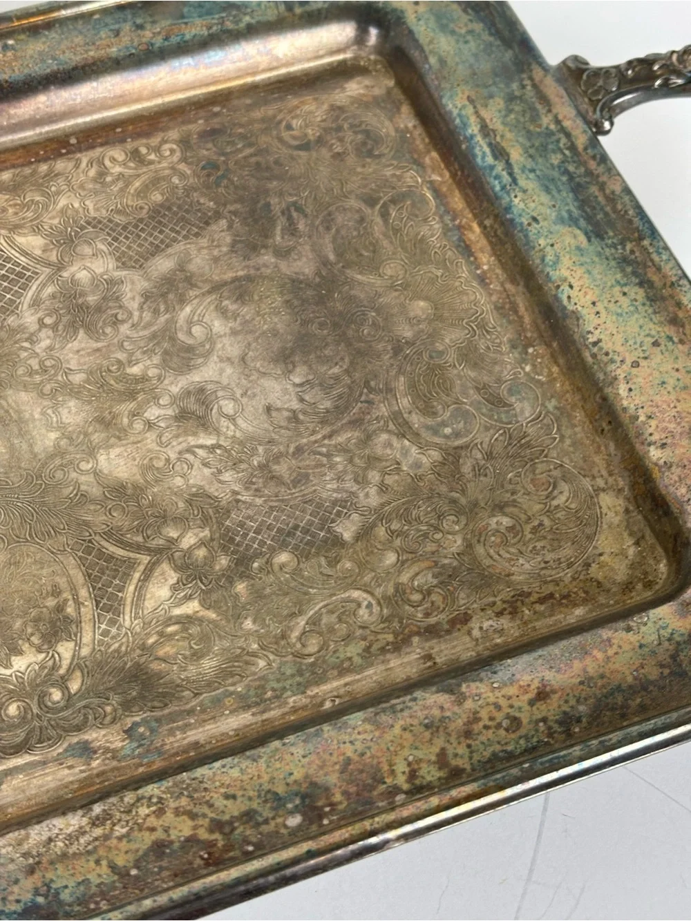 Vintage Ornate Decorative Serving Tray in Distressed Silver Tone